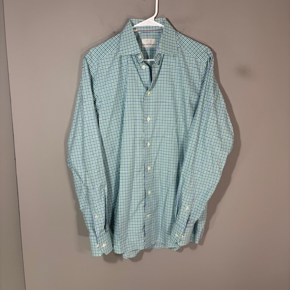 Eton Shirt Mens 15.5 39 Green Gingham Regular Fit 100% Cotton Dress Long Sleeve